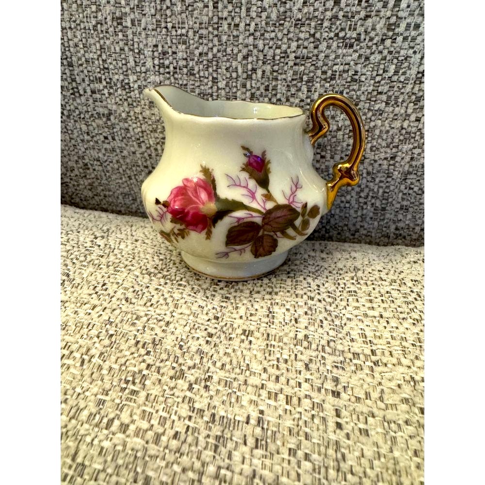 VTG Floral Porcelain Creamer with‎ Gold Handle Pink Rose Pattern Collectible